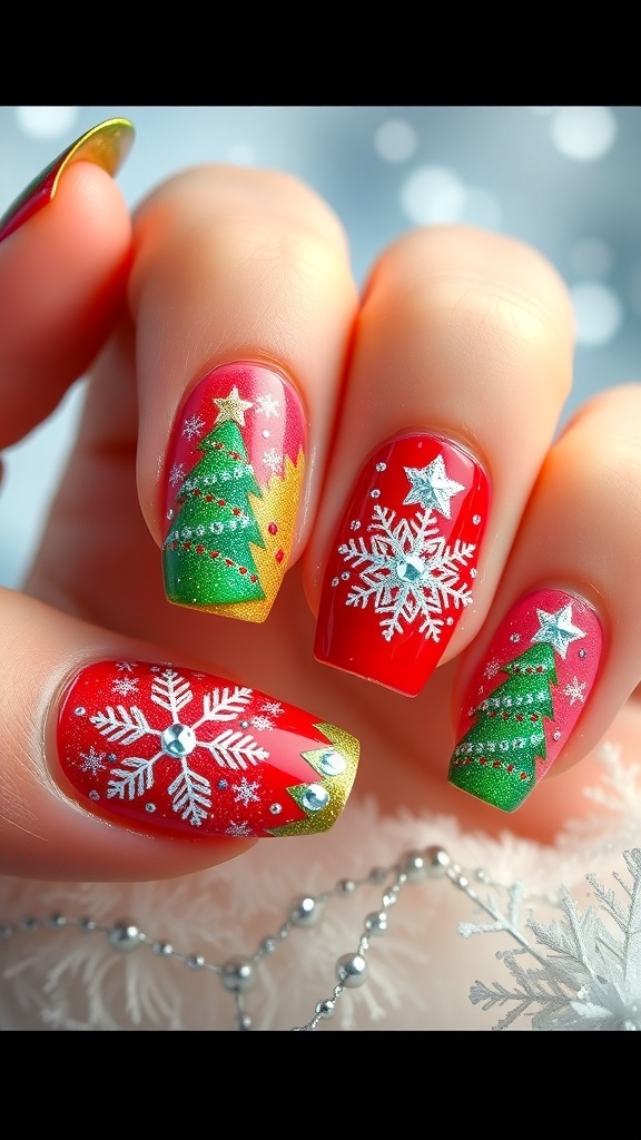 A close-up of 3D Christmas nail art with snowflakes and ornaments on a festive background.